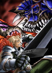  armor battle blonde_hair blue_eyes clenched_teeth eyeball fangs knight long_hair male male_focus monster nightmare_(soulcalibur) nigtouab scar siegfried_schtauffen soul_calibur soul_edge_(weapon) soulcalibur_iii sword teeth weapon 