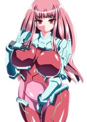  bodysuit breasts commentary_request female hand_on_own_chest ini_(mocomocccos) ken_marinaris large_breasts long_hair looking_at_viewer pilot_suit pink_bodysuit pink_eyes pink_hair simple_background smile solo white_background zone_of_the_enders zone_of_the_enders_2 