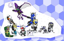  6+boys ? belt commentary_request cup destwilder drink drinking drinking_straw food head_wings ice indian_style jewelry kamen_rider kamen_rider_blade_(series) kamen_rider_fourze kamen_rider_fourze_(series) kamen_rider_hibiki_(series) kamen_rider_kiva_(series) kamen_rider_leangle kamen_rider_ooo kamen_rider_ooo_(series) kamen_rider_rey kamen_rider_ryuki_(series) kamen_rider_super-1 kamen_rider_super-1_(series) kamen_rider_tiger kamen_rider_touki kamen_rider_wizard kamen_rider_wizard_(series) mask multiple_boys musical_note popsicle putotyra_(ooo_combo) redol refrigerator rey_kivat ring seiza shaved_ice sitting snow tail tail_grab tailcoat wings 