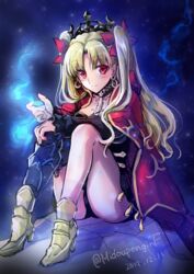  arm_rest armored_boots arms_on_knees asymmetrical_legwear black_leotard black_sleeves black_thighhighs blonde_hair blue_fire blush boots bow cloak closed_mouth collarbone commentary_request dated detached_collar earrings ereshkigal_(fate) fate/grand_order fate_(series) female fire full_body gold gold_trim hairbow high_heel_boots high_heels highres hood hood_down hooded_cloak infinity_symbol jewelry knees_up leotard long_hair long_sleeves looking_at_viewer mintes red_bow red_cloak red_eyes single_thighhigh sitting skull_ornament smile solo spine thighhighs tiara twintails twitter_username very_long_hair 