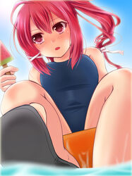  blush commentary_request female food hal_(harun) i-168_(kancolle) innertube kantai_collection long_hair one-piece_swimsuit open_mouth perspective photoshop_(medium) ponytail popsicle red_eyes red_hair school_swimsuit solo swim_ring swimsuit water watermelon_bar 