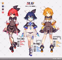  3girls artist_name asymmetrical_footwear bad_id bad_pixiv_id black_dress black_footwear black_panties black_ribbon blonde_hair blue_eyes blue_hair blush boots breasts cleavage cleavage_cutout closed_mouth clothing_cutout dated dress eyepatch goggles hair_between_eyes hair_ribbon highres looking_at_viewer lowleg lowleg_panties mismatched_footwear multiple_girls navel original panties parted_lips red_eyes red_hair ribbon see-through short_sleeves small_breasts smile standing standing_on_one_leg star_(symbol) twitter_username underwear white_dress white_footwear white_panties white_ribbon yai_(hachihito) yellow_eyes 