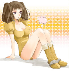  anger_vein animal boots breasts brown_hair cleavage commentary_request diane_(nanatsu_no_taizai) female giant giantess gradient_background grey_eyes hawk_(nanatsu_no_taizai) heart heart_background leotard long_hair medium_breasts mizss nanatsu_no_taizai orange_leotard orange_skirt pig sitting size_difference skirt solo twintails white_background 