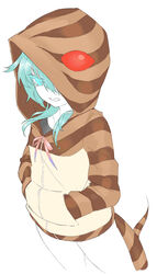  absurdres animal_hood animal_print aqua_eyes aqua_hair bad_id bad_pixiv_id female gradient_ribbon hand_in_pocket highres hood hoodie kemono_friends neck_ribbon neko7 pink_ribbon purple_ribbon red_eyes ribbon simple_background snake_tail solo tail tsuchinoko_(kemono_friends) white_background 