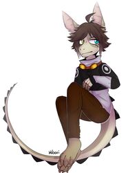  4_toes 5_fingers anthro blue_eyes bottomwear brown_claws brown_eyebrows brown_hair claws clothed clothing eyebrows eyewear feet fingers goggles hair heterochromia hibarikatsuru looking_at_viewer male pants scalie shirt simple_background solo tail tan_body toes topwear white_background yellow_eyes 