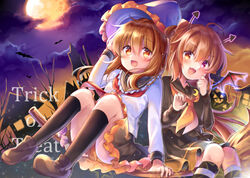  :d adapted_costume anchor_symbol bat black_sailor_collar black_serafuku black_shirt black_skirt blush broom broom_riding brown_eyes brown_hair city cloud cloudy_sky commentary_request crescent crescent_moon_pin demon_costume demon_tail demon_wings eyebrows_visible_through_hair folded_ponytail frilled_skirt frills full_moon fumizuki_(kantai_collection) hair_between_eyes halloween hat horns inazuma_(kantai_collection) jack-o&#039;-lantern kantai_collection kneehighs long_hair long_sleeves megu_kaze moon multiple_girls neckerchief necktie night night_sky open_mouth orange_moon orange_neckwear outdoors ponytail red_neckwear sailor_collar school_uniform serafuku shirt silhouette skirt sky smile tail tree trick_or_treat wings witch witch_hat 