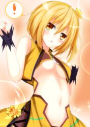  ! blonde_hair breasts calendula_(flower_knight_girl) commentary_request female flower flower_knight_girl hair_flower hair_ornament highres open_mouth shironeko_haru small_breasts underboob yellow_eyes 