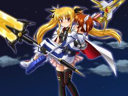  2girls armor bardiche_(nanoha) bardiche_(zanber_form)_(nanoha) blonde_hair blue_eyes blush brown_hair cape carrying cloud commentary_request dress energy_sword fate_testarossa fate_testarossa_(blaze_form) gloves hair_ribbon long_hair long_sleeves lyrical_nanoha magical_girl mahou_shoujo_lyrical_nanoha mahou_shoujo_lyrical_nanoha_a&#039;s mahou_shoujo_lyrical_nanoha_the_movie_2nd_a&#039;s multiple_girls princess_carry puffy_sleeves raising_heart raising_heart_(exelion_mode)_(2nd) red_eyes ribbon short_twintails skirt sky sleeveless smile soresuthia star_(sky) starry_sky sword takamachi_nanoha takamachi_nanoha_(exelion_mode) twintails weapon yuri 