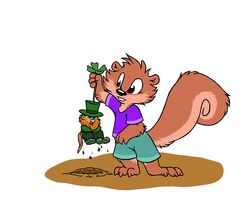  5:4 aliasing anthro barefoot bottomwear buckteeth buttonverse clothing crossed_arms digital_media_(artwork) duo feet flat_colors fluffy fluffy_tail front_view leprechaun lifted lifted_by_clothing male mammal mizzyam oops raised_arm rickie_squirrel rodent sciurid shirt shorts standing surreal tail teeth topwear tree_squirrel what young young_anthro 