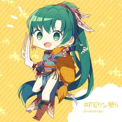  bad_id bad_twitter_id bow_(weapon) chibi crml_orng earrings female fingerless_gloves fire_emblem fire_emblem:_the_blazing_blade fire_emblem_heroes fur_trim gloves green_eyes green_hair highres jewelry long_hair lyn_(brave_lady)_(fire_emblem) lyn_(fire_emblem) pelvic_curtain ponytail side_slit smile solo weapon 