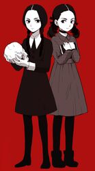  2girls addams_family animification black_eyes black_hair book braid commentary crossover dress esther_(orphan) momitarou monochrome multiple_girls orphan_(film) pantyhose red_background simple_background skull spot_color trait_connection twin_braids twintails unmoving_pattern wednesday_addams 