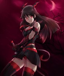  akame akame_ga_kill! armband belt black_hair black_legwear breasts cleavage crescent_moon demon_girl demon_horns detached_collar gloves hand_on_hilt horns long_hair medium_breasts moon necktie neon_trim panties red_eyes red_moon red_panties ryairyai skirt solo thighhighs underwear 