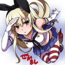  akawiro bare_shoulders blonde_hair commentary_request elbow_gloves eyelashes female gloves hairband kantai_collection long_hair pleated_skirt shimakaze_(kancolle) skirt solo striped_clothes striped_thighhighs thighhighs 