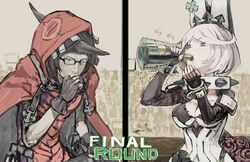  1boy alternate_color black_hair bottle breasts cape commentary_request drinking elphelt_valentine female final_round fingerless_gloves glasses gloves guilty_gear guilty_gear_xrd hat hood kazunoko_(gamer) large_breasts lost_soul_(gamer) raven_(guilty_gear) short_hair spoilers tefec thinking white_hair wine_bottle 