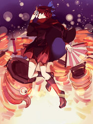  boots bow cape chouchin_obake commentary_request female folding_fan fox_mask grin hairbow hand_fan lantern luckyia mask red_hair sekibanki skirt smile solo tongue touhou 