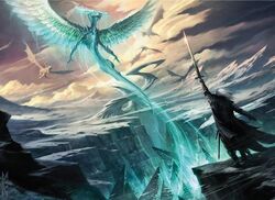  ambiguous_gender brandishing cloud detailed_background dragon duo feathered_wings feathers feral flying hasbro magic magic:_the_gathering melee_weapon mountain mythological_creature mythological_scalie mythology official_art outside planeswalker raymond_swanland scalie sky snow sorin sword tail ugin vampire weapon wings wizards_of_the_coast 