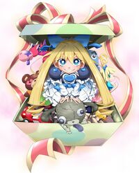  2girls aqua_eyes bad_id bad_pixiv_id blonde_hair blue_eyes bow box box_of_friends commentary_request doll doll_monster_bear-bear doll_monster_miss_madchen doll_monster_mr._dragon doll_monster_rob_robot dress drill_hair duel_monster frills hairbow heart highres long_hair looking_at_viewer multiple_girls nakatomo108 princess_cologne ribbon rubber_duck saliva sharp_teeth stuffed_animal stuffed_toy teddy_bear teeth tongue very_long_hair yu-gi-oh! zombowwow 