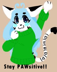  :3 ambiguous_gender anthro blue_hair blush blush_stickers clothed clothing digital_media_(artwork) english_text felid fur hair heart_symbol mammal markings motivational_poster nicholas_c._corbin poster smile solo sweater text topwear trinity_night turtleneck white_body white_fur youtuber 