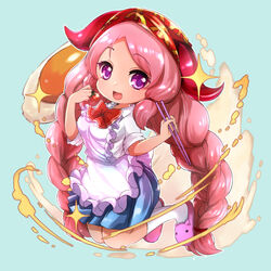  apron bandana blue_eyes blush braid cherry_tomato chibi chopsticks commentary_request dark-skinned_female dark_skin egg_(food) female food fried_egg hathor_(p&amp;d) horns legs_up long_hair open_mouth pikomarie pink_hair pleated_skirt puzzle_&amp;_dragons school_uniform sidelocks skirt slippers solo tomato twin_braids twintails 