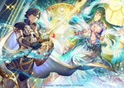  1boy armor armored_boots belt blue_eyes blue_hair boots bracelet breastplate breasts cape chrom_(fire_emblem) commentary company_name copyright_name dress falchion_(fire_emblem) female fire_emblem fire_emblem_awakening fire_emblem_cipher gauntlets gloves glowing glowing_weapon green_hair hand_on_own_chest holding holding_sword holding_weapon indoors jewelry light_particles long_hair long_sleeves medium_breasts naga_(fire_emblem) navel official_art pointy_ears shield short_hair shoulder_armor shoulder_pads sparkle sword tiara umiu_geso weapon 