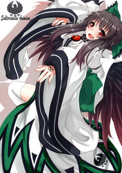  alternate_costume black_hair black_wings bow commentary_request copyright_name female green_bow hair_ribbon hairbow highres japanese_clothes long_hair long_sleeves looking_at_viewer looking_back miko moe_m open_mouth radiation_symbol red_eyes reiuji_utsuho ribbon smile solo thighhighs third_eye touhou white_background wide_sleeves wings yatagarasu 