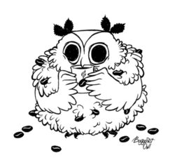  avian bean beverage bird black_and_white boggartowl coffee coffee_bean drinking food line_art low_res monochrome owl owl_(boggartowl) signature simple_background solo white_background 