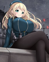  atago_(kancolle) blonde_hair breasts commentary_request female green_eyes hat huge_breasts kantai_collection long_hair pantyhose solo tamago_kago 