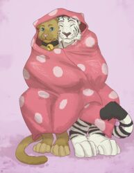  alden_(piopio1949) anthro bedding blanket cuddling domestic_cat duo felid feline felis male male/male mammal pantherine sleeping smile thestory tiger zephyr_belinski 