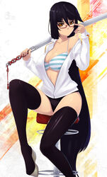  absurdres bikini black_hair black_thighhighs commentary_request female glasses hell_machina highres long_hair looking_at_viewer open_clothes original photoshop_(medium) semi-rimless_eyewear shiny_skin sitting solo striped_bikini striped_clothes swimsuit sword thighhighs unzipped very_long_hair weapon yellow_eyes 