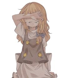  apron arm_up blonde_hair bow braid clenched_teeth clothes_grab covering_face covering_own_eyes crying despair dripping female grimace hairbow iiha_toobu kirisame_marisa long_hair muted_color no_headwear protected_link sad single_braid sobbing solo tears teeth touhou turtleneck vest waist_apron wiping_tears 