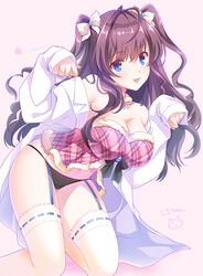  :3 antenna_hair bad_id bad_pixiv_id bare_shoulders black_panties blue_eyes blush bow breasts brown_hair cleavage collarbone detached_collar female fur_collar fur_trim garter_straps hair_between_eyes hairbow hands_up ichinose_shiki idolmaster idolmaster_cinderella_girls jewelry lab_coat lace lace-trimmed_legwear lace_trim large_breasts long_hair long_sleeves looking_at_viewer necklace off_shoulder open_mouth panties paw_pose photoshop_(medium) ribbon-trimmed_legwear ribbon_trim satou_satoru simple_background sleeves_past_wrists smile solo thighhighs two_side_up underwear wavy_hair white_thighhighs 