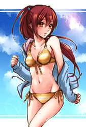  bikini commentary day female free! long_hair matsuoka_gou navel ponytail red_eyes red_hair rio_(rio_01) solo striped_bikini striped_clothes swimsuit 