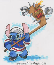  2013 4_fingers 4_toes alien angry armor bear_trap black_eyes blue_body blue_claws blue_nose bottomless buzzsaw claws clothed clothing disney dynamite experiment_(lilo_and_stitch) explosives feet fingers headgear helmet hockey hockey_stick holding_object ice_hockey ice_skates james_silvani jersey lilo_and_stitch new_york_rangers nhl sneer solo spikes sport stitch_(lilo_and_stitch) teeth text toes traditional_media_(artwork) trap_(contrivance) url 