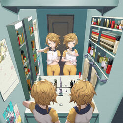  1boy androgynous aqua_eyes artist_self-reference bathroom blonde_hair brother_and_sister brushing_teeth calendar_(object) commentary_request door female half-closed_eyes hand_on_own_stomach hatsune_miku highres kagamine_len kagamine_rin makeup messy_hair midriff_peek mirror mirror_twins navel pajamas pajamas_pull photoshop_(medium) poster_(object) sawashi_(ur-sawasi) scratching shampoo shampoo_bottle short_hair short_ponytail siblings sink sleepy soap symmetry toothbrush towel twins vocaloid yellow_pajamas 