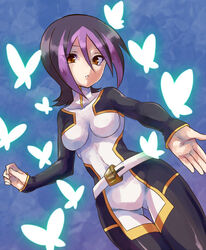  belt black_hair bodysuit bug butterfly droite_(yu-gi-oh!) female irouha looking_at_viewer multicolored_hair purple_hair skin_tight solo two-tone_hair yu-gi-oh! yu-gi-oh!_zexal 