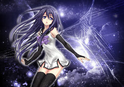  arms_at_sides bare_shoulders black_hair black_thighhighs blue_eyes bow bowtie breasts collarbone commentary_request detached_sleeves dress female gokukoku_no_brynhildr hair_between_eyes highres kuroha_neko long_hair looking_at_viewer medium_breasts parted_lips photoshop_(medium) purple_bow purple_bowtie revision sailor_collar sailor_dress short_dress sidelocks solo thighhighs very_long_hair yuuheisyoujyo 