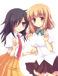  2girls bags_under_eyes black_hair black_thighhighs blunt_bangs bow brown_hair commentary_request double_v green_eyes hair_over_one_eye kuroki_tomoko long_hair miyata_(miyatami07) multiple_girls naruse_yuu necktie school_uniform skirt thighhighs v watashi_ga_motenai_no_wa_dou_kangaetemo_omaera_ga_warui! 