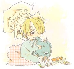  1boy blonde_hair chef_hat hat lolicon lou_(usopo) male male_focus one_piece pixiv_thumbnail resized sanji sitting solo toy young younger 