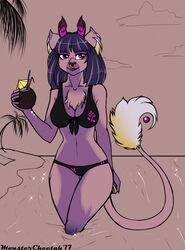  anthro bikini clothing digital_media_(artwork) facial_piercing female hi_res horn looking_at_viewer mammal monstercheetah nose_piercing piercing smile solo standing swimwear wilderkin 