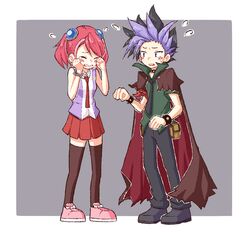  1boy black_hair cape dyed_bangs female friedbun hiiragi_yuzu multicolored_hair necktie pink_hair purple_hair short_twintails tears thighhighs twintails two-tone_hair yu-gi-oh! yu-gi-oh!_arc-v yuuto_(yu-gi-oh!) zettai_ryouiki 