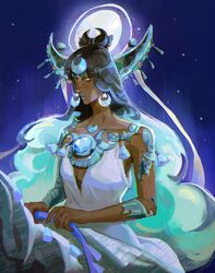  black_helm breasts cleavage crescent crescent_earrings crescent_hat_ornament dark-skinned_female dark_skin dress earrings female full_moon hades_(series) hades_2 hat_ornament highres jenishiiarts jewelry long_hair looking_at_viewer moon parted_lips ribbon selene_(hades) sky solo star_(sky) star_(symbol) starry_sky tassel three_quarter_view upper_body white_dress white_hair 