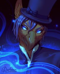  anthro avian beak bird blue_eyes clothing eyelashes feathers glowing glowing_eyes hat headgear headshot_portrait headwear hi_res male portrait road~abelgeym solo victorian 