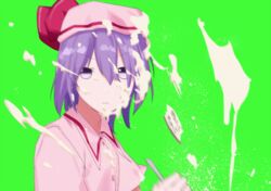  cake closed_mouth collared_shirt commentary_request cookie_(touhou) expressionless female food fork green_background hair_between_eyes hat hisaka_(cookie) icing kebabu_01 long_bangs looking_at_viewer looking_to_the_side mob_cap pink_hat pink_shirt purple_hair remilia_scarlet sexually_suggestive shirt short_hair solo touhou upper_body v-shaped_eyebrows 