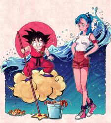  1boy amachu_a black_eyes black_hair blue_eyes blue_hair breasts bucket bulma_briefs commentary covered_nipples crab dougi dragon_ball dragon_ball_(classic) female flying_nimbus hair_bobbles hair_ornament highres impossible_clothes impossible_shirt medium_breasts one_side_up red_shorts ruyi_jingu_bang shirt shoes short_shorts shorts sneakers son_goku starfish sun torn_clothes torn_shirt white_shirt wristband 