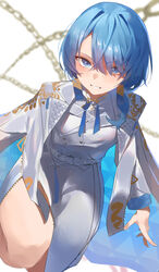  absurdres belt blue_eyes blue_hair blush bob_cut collared_shirt female high-waist_skirt highres hololive hoshimachi_suisei hoshimachi_suisei_(oriental_suit) jacket long_sleeves looking_at_viewer nagiushi official_alternate_costume shirt short_hair side_slit skirt smile solo virtual_youtuber white_belt white_jacket white_shirt white_skirt 