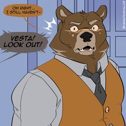  1:1 2021 anthro bear brown_body brown_eyes brown_fur clothed clothing dialogue door english_text fangs fur hi_res inside jupiter_(solar_house) male mammal necktie open_mouth solar_house solo speech_bubble tan_body tan_fur teeth text topwear vanadiumvalor vest yelling yellow_eyes 