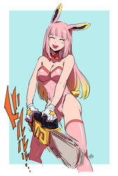  animal_ears blush breasts chainsaw closed_eyes fate/grand_order fate_(series) female gloves large_breasts learning_with_manga!_fgo leotard long_hair nishiyama_(whatsoy) pink_hair pink_leotard playboy_bunny rabbit_ears riyo_servant_(bunnygirl)_(fate) smile solo strapless strapless_leotard white_background white_gloves 