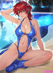  ankle_boots arm_behind_head arm_support arm_up bare_arms bare_shoulders blue_footwear blue_slingshot_swimsuit boots breasts collarbone commentary_request covered_nipples female green_eyes gundam hair_between_eyes headset highres large_breasts light_blush light_smile linked_bikini looking_at_viewer microphone navel neneka_nibrou o-ring o-ring_swimsuit oyaman parted_lips photo_background pool poolside red_hair sitting skindentation slingshot_swimsuit solo swimsuit teeth twitter_username victory_gundam water yokozuwari 