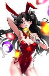  absurdres animal_ears archer_class_(fate) arm_up armpits black_hair breasts card commentary_request fake_animal_ears fate/stay_night fate_(series) feet_out_of_frame female fukou green_eyes highres holding holding_card leotard long_hair playboy_bunny rabbit_ears red_leotard red_ribbon ribbon simple_background sleeveless small_breasts solo strapless strapless_leotard tohsaka_rin twintails white_background 