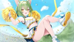  animal_ears armband armpits blue_sky breasts cheerleader commission confetti crop_top female full_body green_hair haconect holding holding_pom_poms kurage_cc medium_breasts miniskirt navel open_mouth pom_pom_(cheerleading) shirt shoes short_hair shorts skeb_commission skirt sky sneakers solo stadium tail thighs virtual_youtuber white_shirt white_shorts white_skirt yellow_armband yellow_eyes yellow_pom_poms 